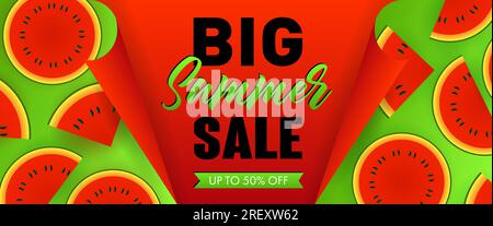 Große Sommeraktion mit saisonalem Bannerdesign. Wassermelonenscheiben Stock Vektor