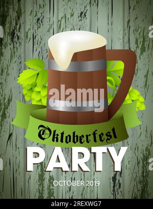 Oktoberfest-Partyschrift und hölzerne Biertasse Stock Vektor