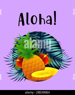 Aloha-Schriftzug mit tropischen Blättern und Ananas im Kreis Stock Vektor