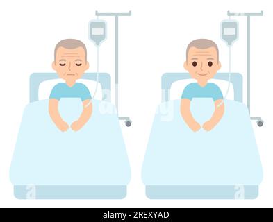 Senior-Mann im Krankenhausbett unter IV-Tropfinfusion. Süße Cartoon-Illustration im flachen Vektorstil. Stock Vektor