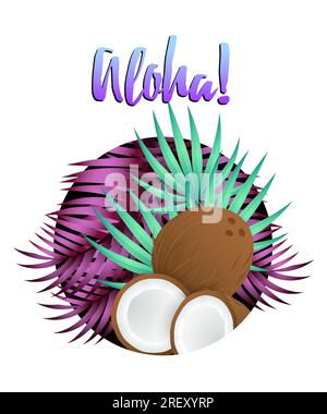 Aloha-Schriftzug mit tropischen Blättern und Kokosnüssen im Kreis Stock Vektor