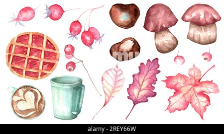 Herbstblätter und Kürbisse im Aquarellstil. Naturelemente im Herbst in Aquarellfarben, Beeren, Eicheln und bemalten Blättern. Stockfoto
