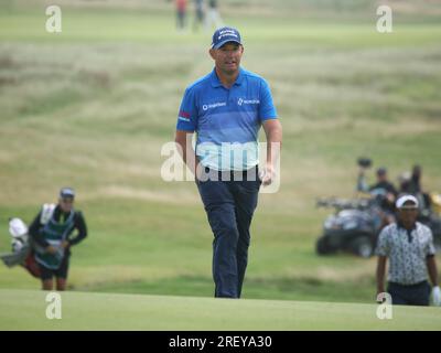 Golf The Seniors Open Royal Porthcawl GC Bridgend UK , Wales 2023, Golflegenden, bei Wind und Regen spielen, Links Golf in seiner grausamsten Form, Stockfoto