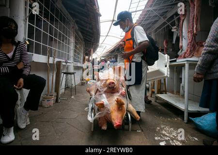 Cusco, Peru; 1. Januar 2023: Verkaufsstand für Fleisch auf dem Zentralmarkt von Sant Jerónimo de Cusco in Peru. Stockfoto