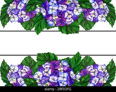 Handgezeichnete Aquarelle Blüten violette Hortensien auf weißem Hintergrund. Botanische Darstellung mit Frühlingsblumen, isoliert für Grußkarten, Hochzeit in Stockfoto