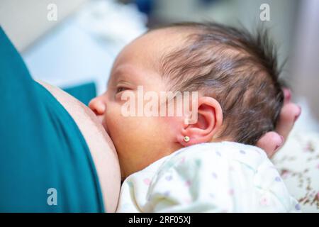 Ein Neugeborenes saugt friedlich von seiner Mutter Stockfoto