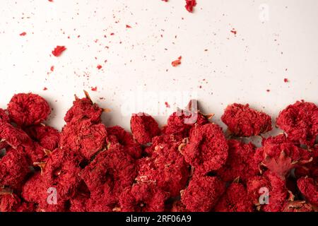 Getrocknete Granatapfelblüte, isoliert auf weißem Hintergrund. Draufsicht. Stockfoto