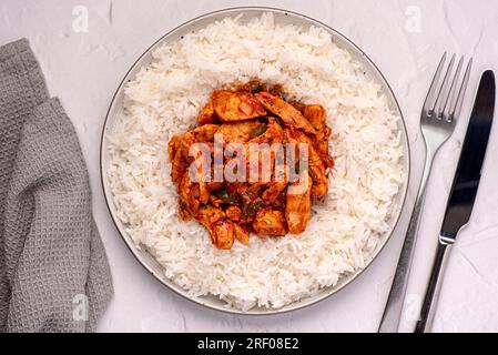 Lebensmittelfotografie von Reis, Basmati, Huhn, Eintopf, Auflauf, Herzhaftes Essen, Curry, Tomaten, Soße, hausgemacht, asiatisch, scharf, Fleisch Stockfoto