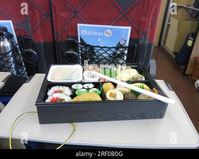 Reisen Sie mit shinkansen oder dem Hochgeschwindigkeitszug: Eine traditionelle japanische Bento Box mit Essstäbchen, gefüllt mit einer Vielzahl von Gerichten in verschiedenen Abteilungen. Stockfoto