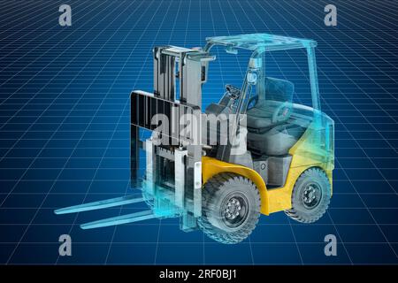 Visualisierung des 3D-cad-Modells des Gabelstaplers, 3D-Rendering Stockfoto