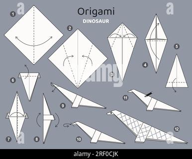 Origami-Tutorial für Kinder. Origami süßer Dinosaurier. Stock Vektor