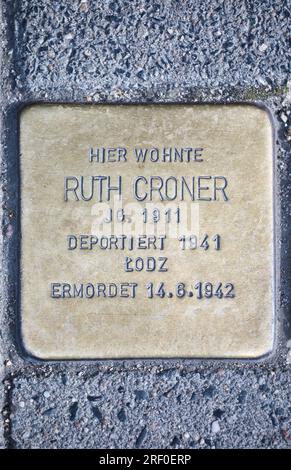 Hamburg, Deutschland. Messingplakette (Stolperstein) an eine jüdische Frau, die 1941 deportiert und 1942 im Konzentrationslager Lodz Ghetto von den Nazis ermordet wurde Stockfoto