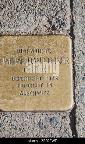 Hamburg, Deutschland. Messingplakette (stolperstein) für Juden, die 1942 von Hamburg nach Auschwitz deportiert und von den Nazis ermordet wurden Stockfoto