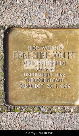 Hamburg, Deutschland. Messingplakette (Stolperstein) an eine jüdische Frau, die nach Theresienstadt Ghetto in der Tschechoslowakei deportiert und von den Nazis ermordet wurde Stockfoto