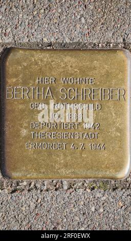 Hamburg, Deutschland. Messingplakette (Stolperstein) an eine jüdische Frau, die nach Theresienstadt Ghetto in der Tschechoslowakei deportiert und von den Nazis ermordet wurde Stockfoto