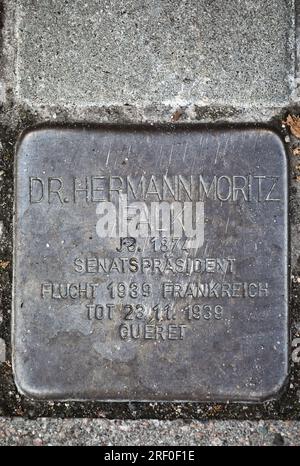 Hamburg, Deutschland. Messingplakette (Stolperstein) für den jüdischen Doktor, der von den Nazis nach Frankreich floh und dort 1939 in Gueret ermordet wurde Stockfoto