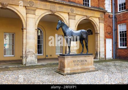 Statue des Rennpferdes Hyperion vor den Jockey Club Rooms, Newmarket, eine Marktstadt im West Suffolk-Viertel Suffolk, Ostengland Stockfoto