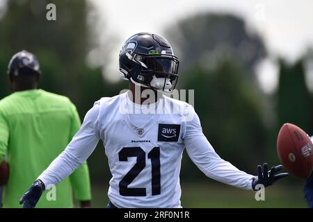 Renton, WA, USA. 30. Juli 2023. Seattle Seahawks erste Runde der Zugpflückung, Cornerback Devon Witherspoon (21), während des Trainingslagers der Seattle Seahawks in Renton, WA. Steve Faber/CSM (Kreditbild: © Steve Faber/Cal Sport Media). Kredit: csm/Alamy Live News Stockfoto