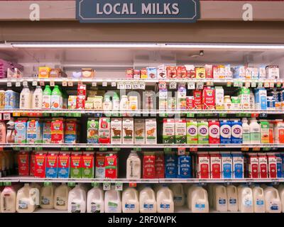 Lokale Milchsorten zum Kauf im Supermarkt Stockfoto