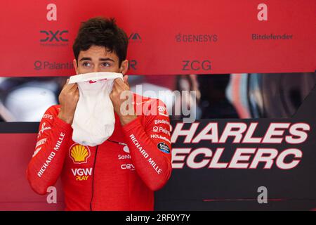 Stavelot, Belgien. 30. Juli 2023. Ferraris Monegasque-Fahrer Charles Leclerc reagiert vor dem Rennen des Formel-1-Großen Preises Belgiens 2023 auf dem Circuit of Spa-Francorchamps, Stavelot, Belgien, am 30. Juli 2023. Kredit: Zheng Huansong/Xinhua/Alamy Live News Stockfoto