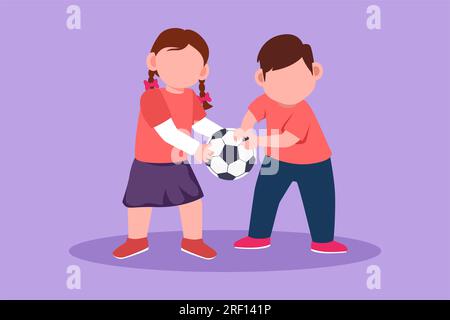 Eine Figur, die ein kleines Mädchen und einen Bruder um einen Ball kämpft. Konflikt zwischen Kindern. Süße Kinder, die im Spielzimmer kämpften Stockfoto