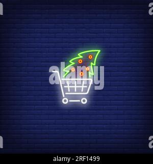 Dekorierter Tannenbaum im Warenkorb Neonschild Stock Vektor