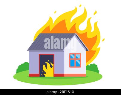 Ein einstöckiges Haus brennt. Feuer im Gebäude. Abbildung eines flachen Vektors. Stock Vektor