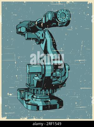 Stilisierte Vektordarstellung des Industrieroboterarms für automatisierte Fertigungslinien im Retro-Poster-Stil Stock Vektor