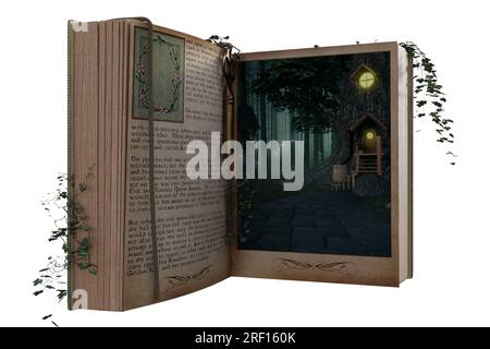 Fantasy Open Book Portal isoliert auf weiß, 3D-Rendering. Stockfoto