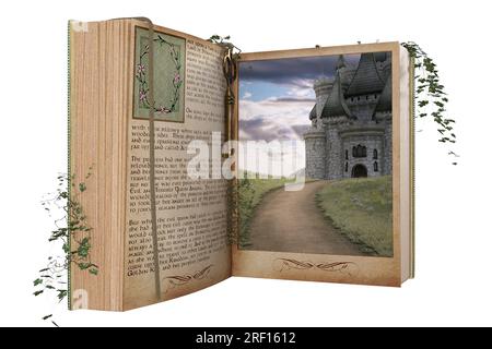 Fantasy Open Book Portal isoliert auf weiß, 3D-Rendering. Stockfoto