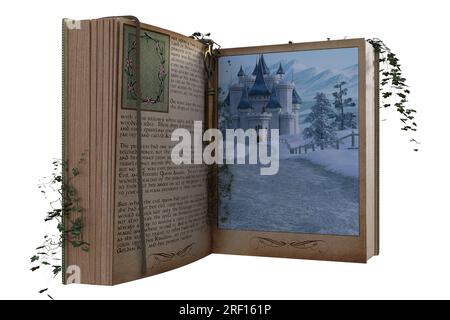 Fantasy Open Book Portal isoliert auf weiß, 3D-Rendering. Stockfoto