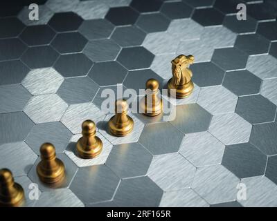 Das goldene Pferd, Ritterschachstück, das vor goldenen Schachfiguren auf silbernem sechseckigen Hintergrund steht. Führung, Follower, Team, Stockfoto