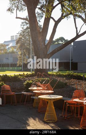 Gestapelte Stühle mit Drahtrahmen schaffen ein einladendes Ambiente im Café-Ambiente im Freien. Stockfoto