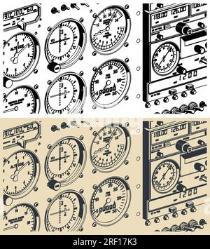 Stilisierte Vektorabbildungen des Flugzeugbedienfelds in Nahaufnahme Stock Vektor