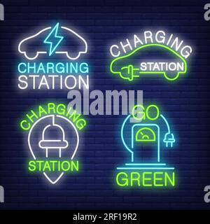 Auto-Ladestation Neon-Schildset Stock Vektor