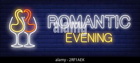 Romantischer Abend Neontext mit Rot- und Weißweinspritzern Stock Vektor