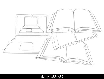 Eine fortlaufende Serie von Notebooks mit Büchern. Thin Line Electronic Education Illustration Vektorkonzept. Kontur Zeichnen kreativer Ideen. Stock Vektor