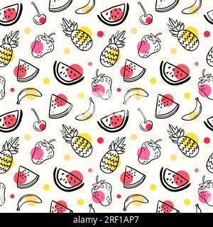 Farbiges, nahtlos flaches Sommerobst-Vektormuster. Handgezeichnet Stock Vektor