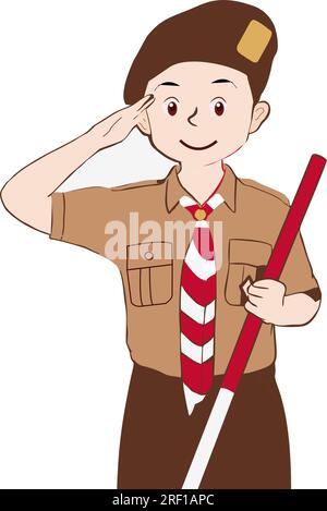 Süßer indonesischer Pfadfinder aus Pramuka, der respektvoll ist und eine braune Uniform trägt. Cartoon-Vektor-Illustration-Schüler in Scout-Uniformen Stock Vektor