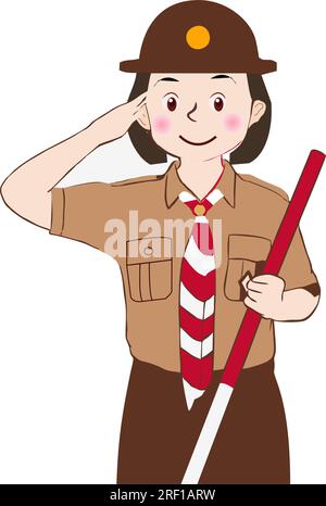 Süßer indonesischer Pfadfinder aus Pramuka, der respektvoll ist und eine braune Uniform trägt. Cartoon-Vektor-Illustration-Schüler in Scout-Uniformen Stock Vektor