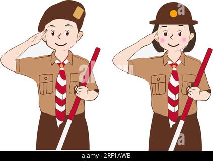 Süßer indonesischer Pfadfinder aus Pramuka, der respektvoll ist und eine braune Uniform trägt. Cartoon-Vektor-Illustration-Schüler in Scout-Uniformen Stock Vektor