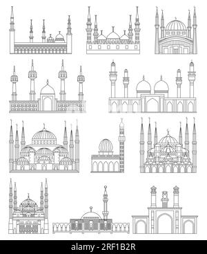 Eine Reihe islamischer Moscheen. Gebäude umreißen. Vektordarstellung. Religiöse Symbole. Stock Vektor