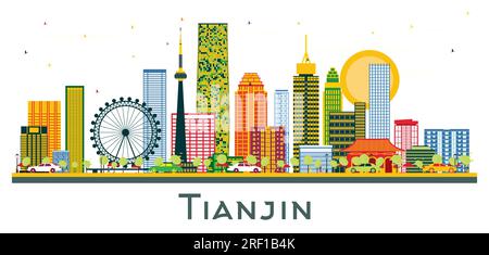 Skyline von Tianjin China mit farbigen Gebäuden isoliert auf Weiß. Vektordarstellung. Geschäftsreise- und Tourismuskonzept mit modernen Gebäuden. Stock Vektor