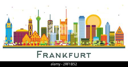 Frankfurt, Deutschland, Skyline mit farbigen Gebäuden, isoliert auf Weiß. Vektordarstellung. Geschäftsreise- und Tourismuskonzept mit modernen Gebäuden. Stock Vektor