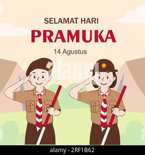 Happy Scout Day 14. August Indonesischer Festtag. Selamat Hari Pramuka. Vektordarstellung. Junge-Mädchen-Schüler feiern den Pramuka-Tag. Stock Vektor