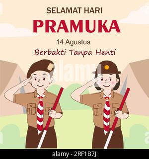 Happy Scout Day 14. August Indonesischer Festtag. Selamat Hari Pramuka. Vektordarstellung. Junge-Mädchen-Schüler feiern den Pramuka-Tag. Stock Vektor