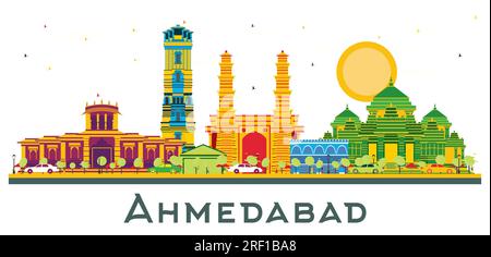 Ahmedabad India Skyline mit farbigen Gebäuden und blauem Himmel. Vektordarstellung. Geschäftsreisen- und Tourismuskonzept mit historischer Architektur. Stock Vektor