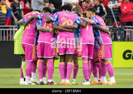 Toronto, Ontario, Kanada. 30. Juli 2023. Die Spieler des Toronto FC treffen sich vor dem Leagues Cup zwischen dem Toronto FC und dem Atlas FC auf dem BMO Field in Toronto. Das Spiel endete 0-1 (Kreditbild: © Angel Marchini/ZUMA Press Wire) – NUR REDAKTIONELLE VERWENDUNG! Nicht für den kommerziellen GEBRAUCH! Stockfoto