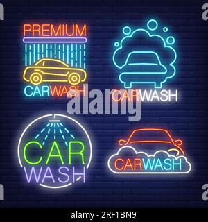 Autowaschanlage Neonschild-Set Stock Vektor