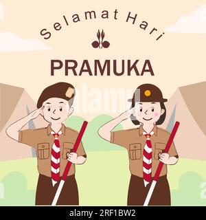 Happy Scout Day 14. August Indonesischer Festtag. Selamat Hari Pramuka. Vektordarstellung. Junge-Mädchen-Schüler feiern den Pramuka-Tag. Stock Vektor